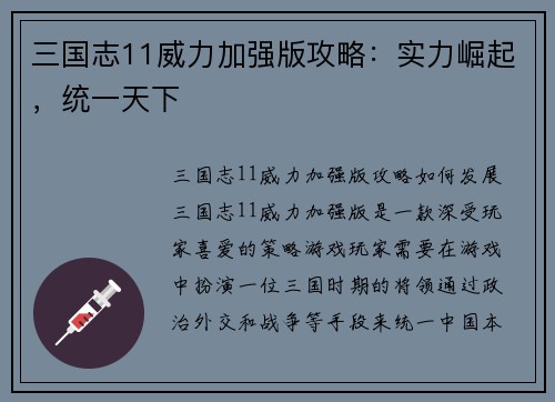 三国志11威力加强版攻略：实力崛起，统一天下